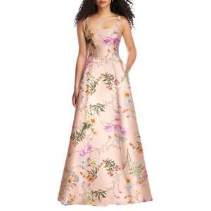 NEW ALFRED SUNG floral corset satin gown in butterfly botanica pink sand